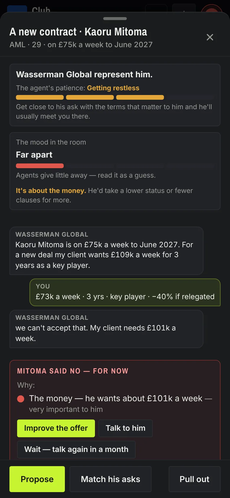A contract meeting: the agent turns down the first offer and says what his client wants