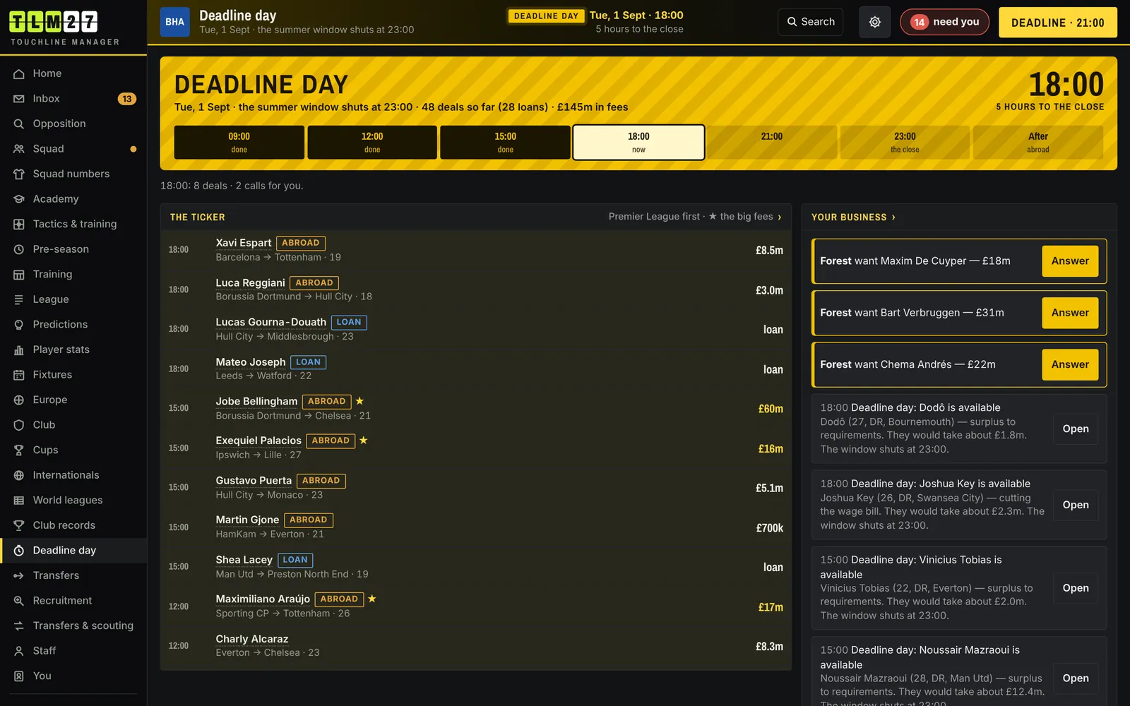Deadline day on a bigger screen: the session timeline, the transfer ticker and your business side by side