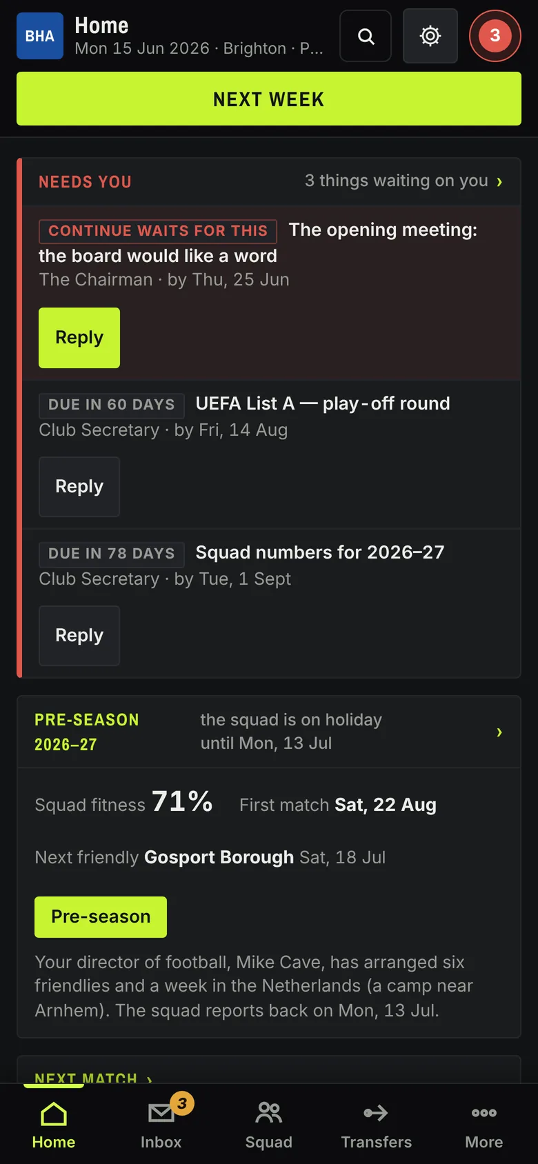 The game's home screen on a phone: three decisions waiting, led by the board's opening meeting