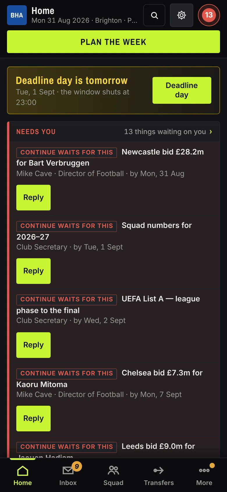 The home screen the day before deadline day, with bids and board requests waiting for a reply
